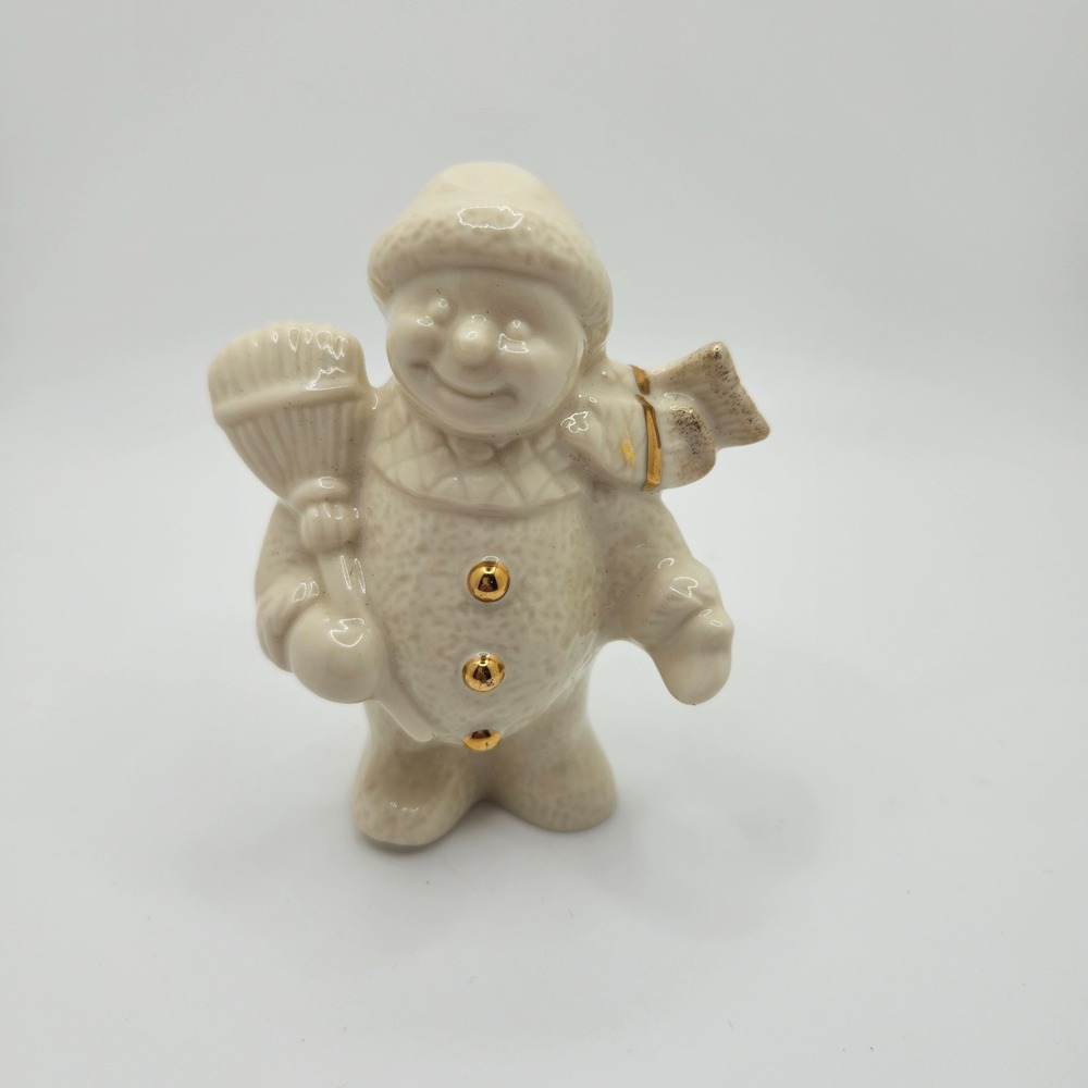 VTG Lenox Snowman Figurine with Broom Ivory China Gold Accents Holiday Christmas